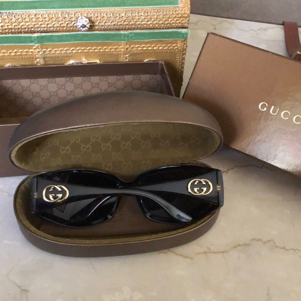 Gucci Dark Havana Frame And Amber Lenses With Gold GG Logo Sunglasses